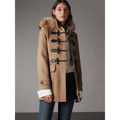 burberry detachable fur trim wool duffle coat camel|Burberry camel duffle coat.